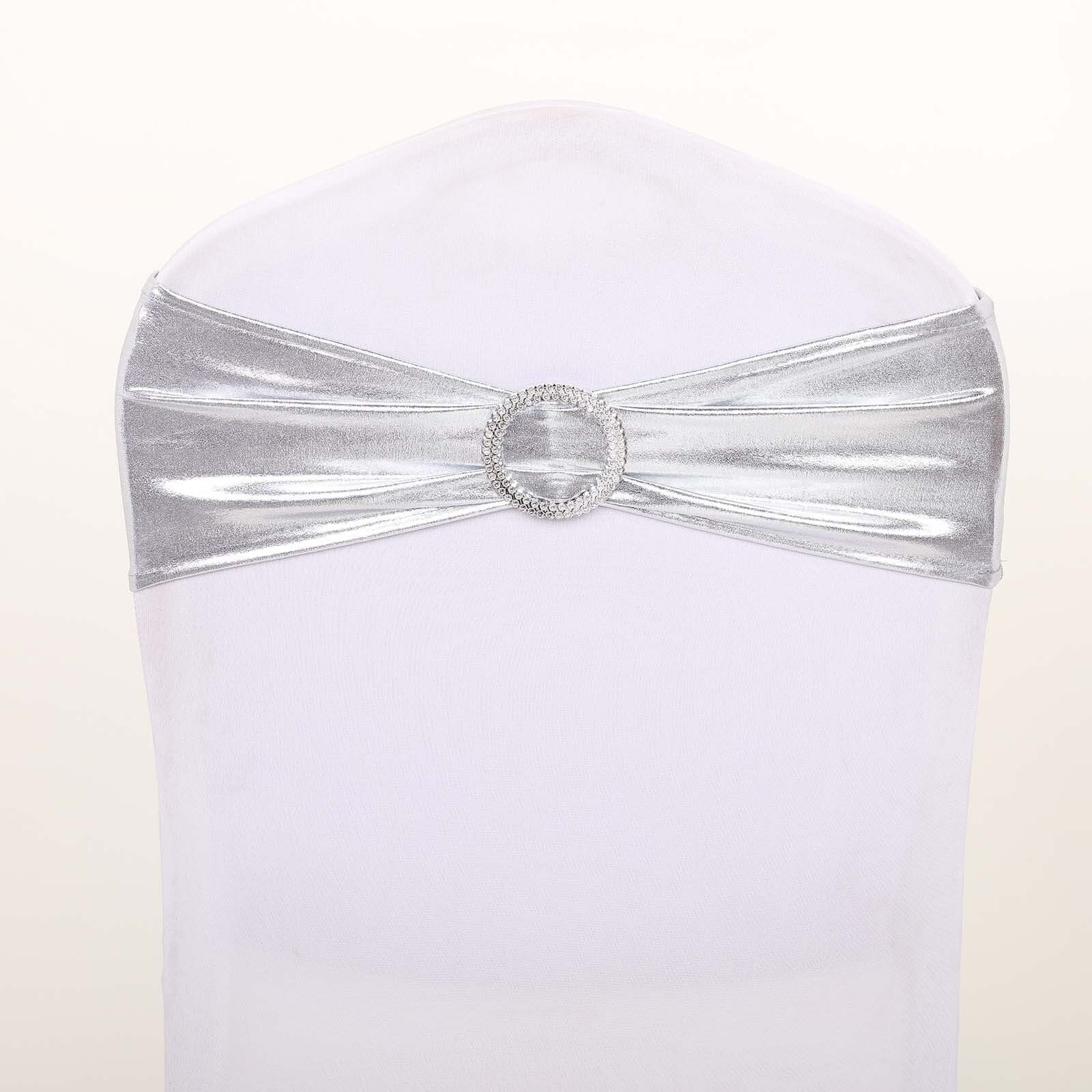 5 Pack Metallic Spandex Chair Sashes Silver - Durable Stretch Chair Bands With Round Diamond Buckles - Image 12