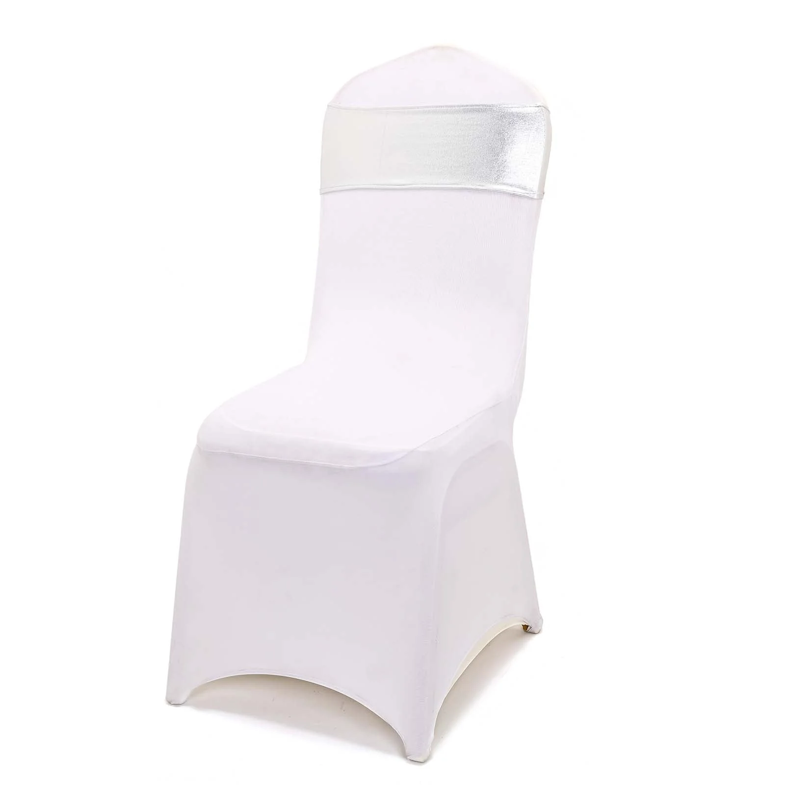 5 Pack Metallic Spandex Chair Sashes Silver - Durable Stretch Chair Bands With Round Diamond Buckles - Image 13