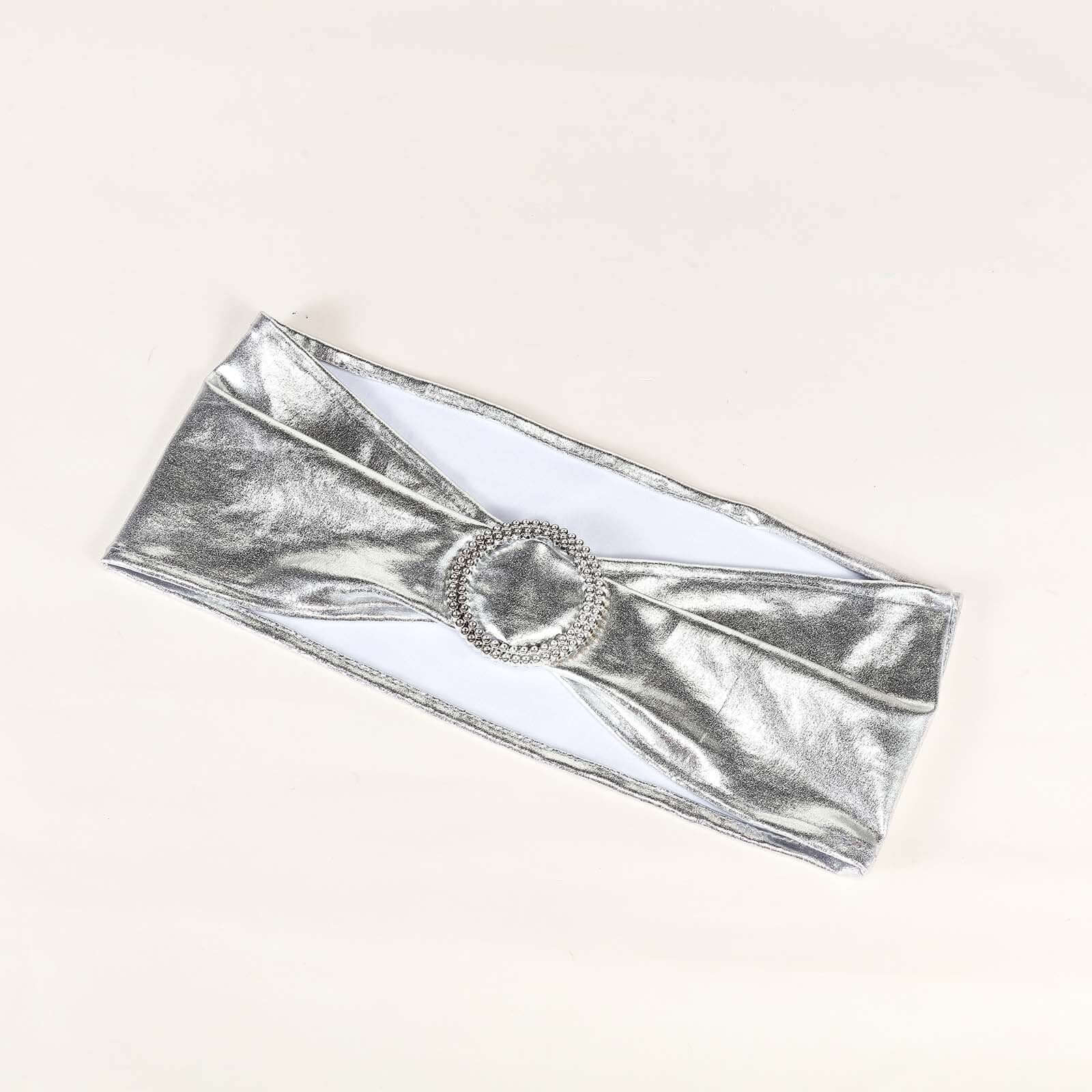 5 Pack Metallic Spandex Chair Sashes Silver - Durable Stretch Chair Bands With Round Diamond Buckles - Image 15