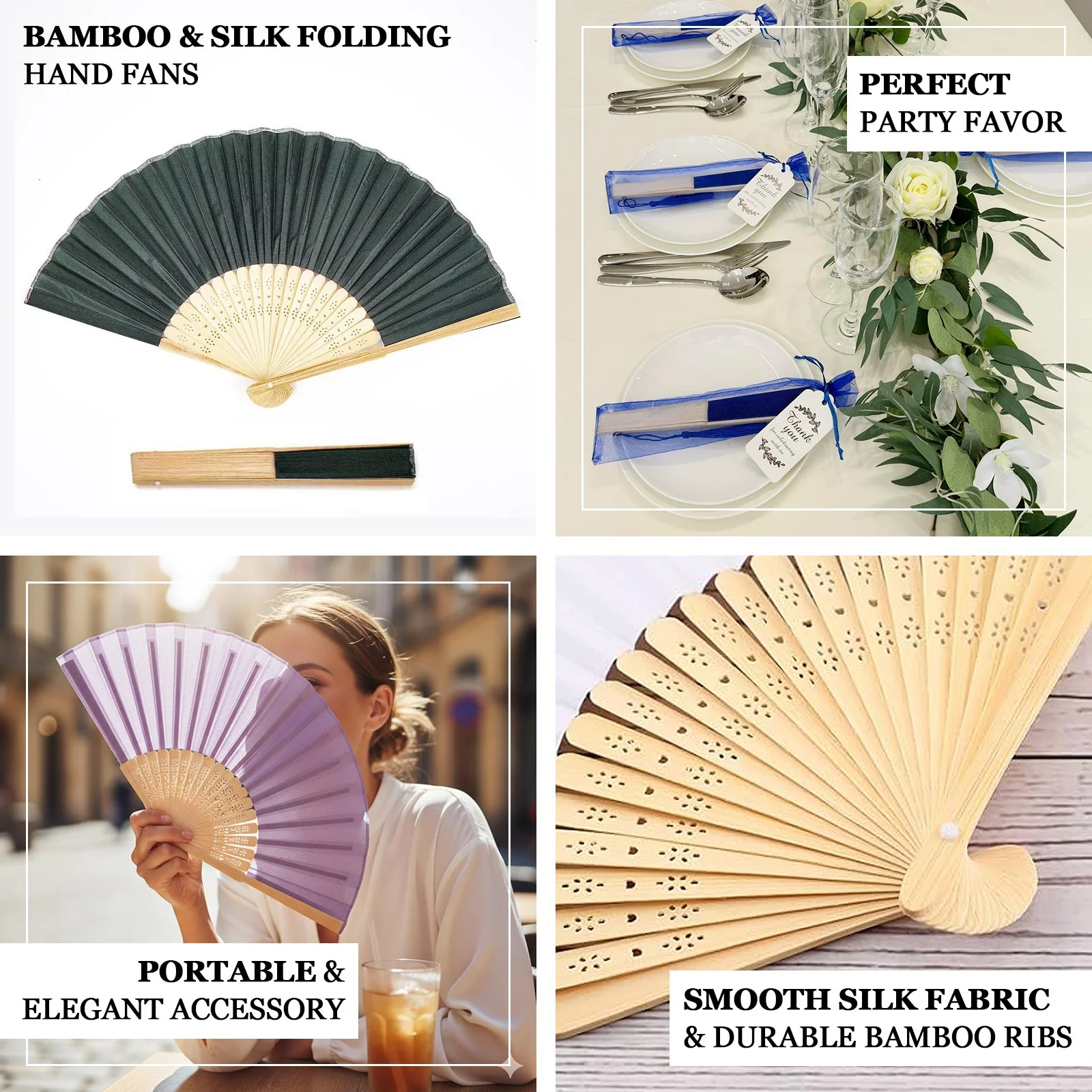 5 Pack Hunter Emerald Green Asian Silk Folding Fans Party Favors, Oriental Folding Fan Favors - Image 4