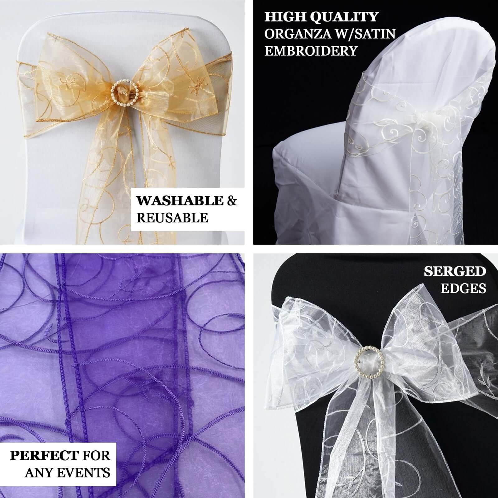 5 Pack Organza Chair Sashes 7"x108" Apple Green with Satin Leaf Embroidery - Sheer Decorative Chair Bows - Image 3