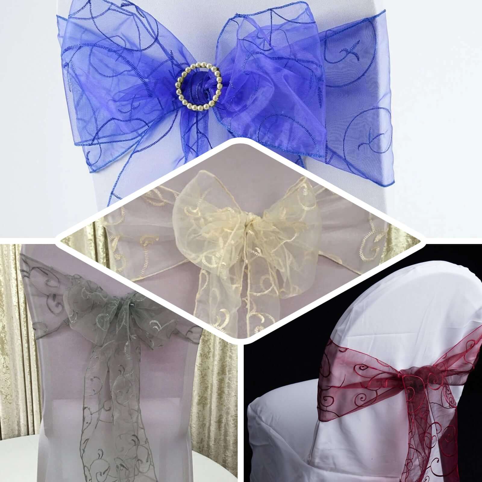 5 Pack Organza Chair Sashes 7"x108" Chocolate with Satin Leaf Embroidery - Sheer Decorative Chair Bows - Image 4