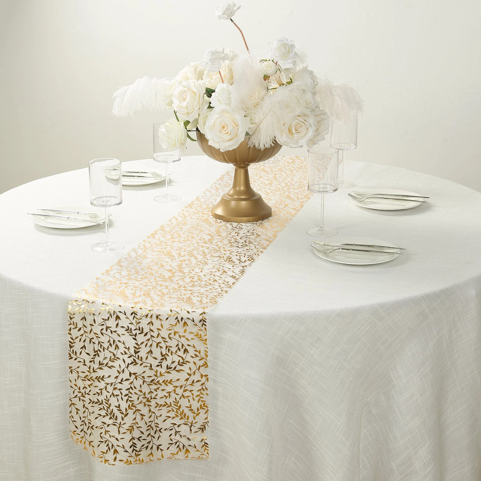 5 Pack Organza Mesh Table Runner Rolls 11"x108" White with Gold Foil Leaf Vines - Stylish Decor for Wedding & Events - Image 2