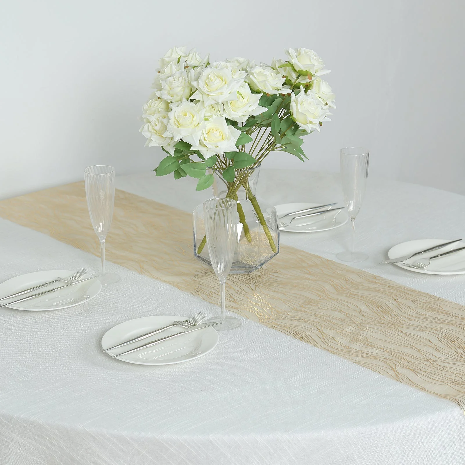 5 Pack Organza Table Runners 12"x108" Gold with Gold Foil Wave Design - Disposable Shimmering Table Accent - Image 5