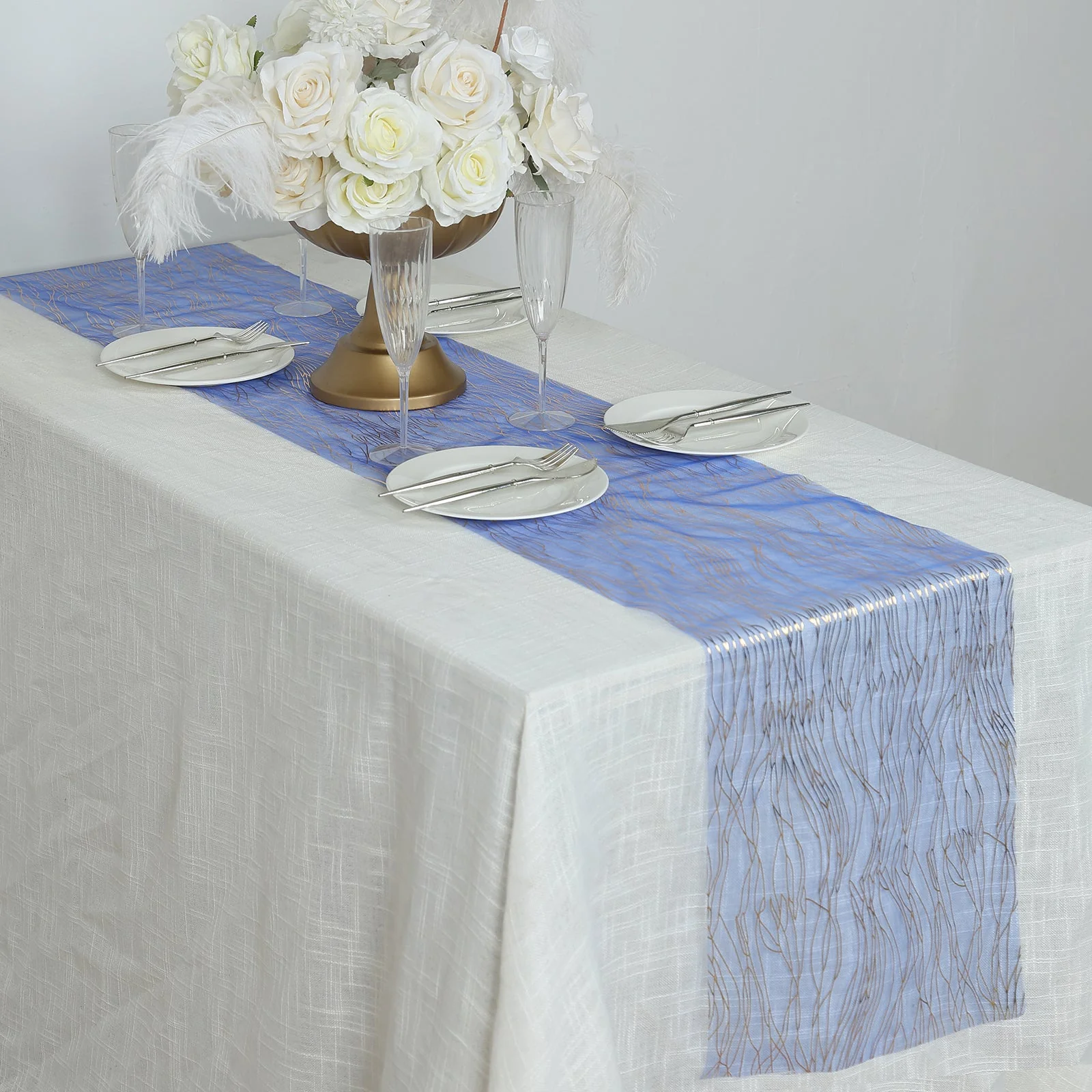 5 Pack Organza Table Runners 12"x108" Royal Blue with Gold Foil Wave Design - Disposable Shimmering Table Accent