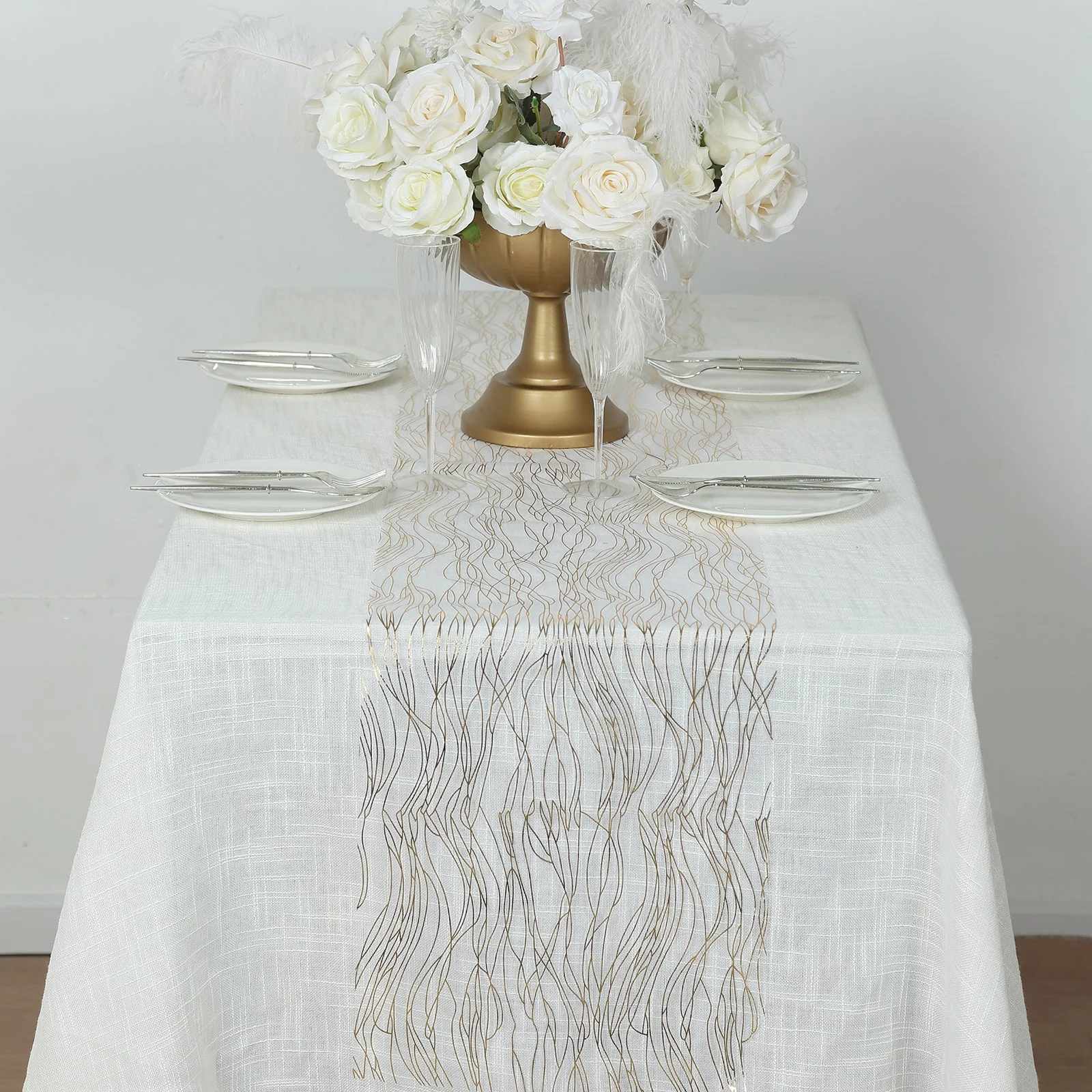 5 Pack Organza Table Runners 12"x108" White with Gold Foil Wave Design - Disposable Shimmering Accent for Tablescapes - Image 2