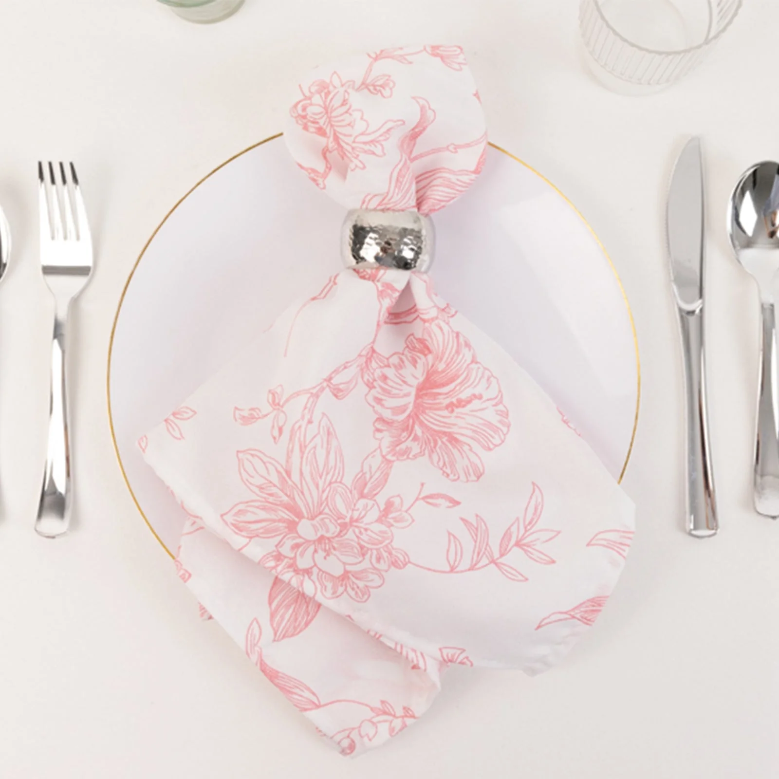 5 Pack Polyester Dinner Napkins 20"x20" White with Pink French Toile Pattern - Chic Floral Cloth Napkins - Image 3