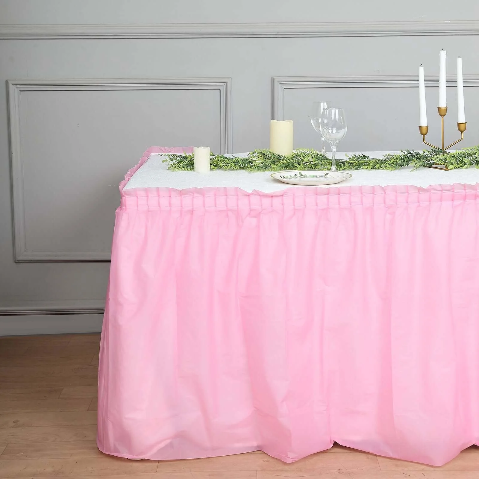 5 Pack Plastic Table Skirts 14ft Pink Ruffled - Waterproof Disposable Skirts for Outdoor/Indoor Use - Image 8
