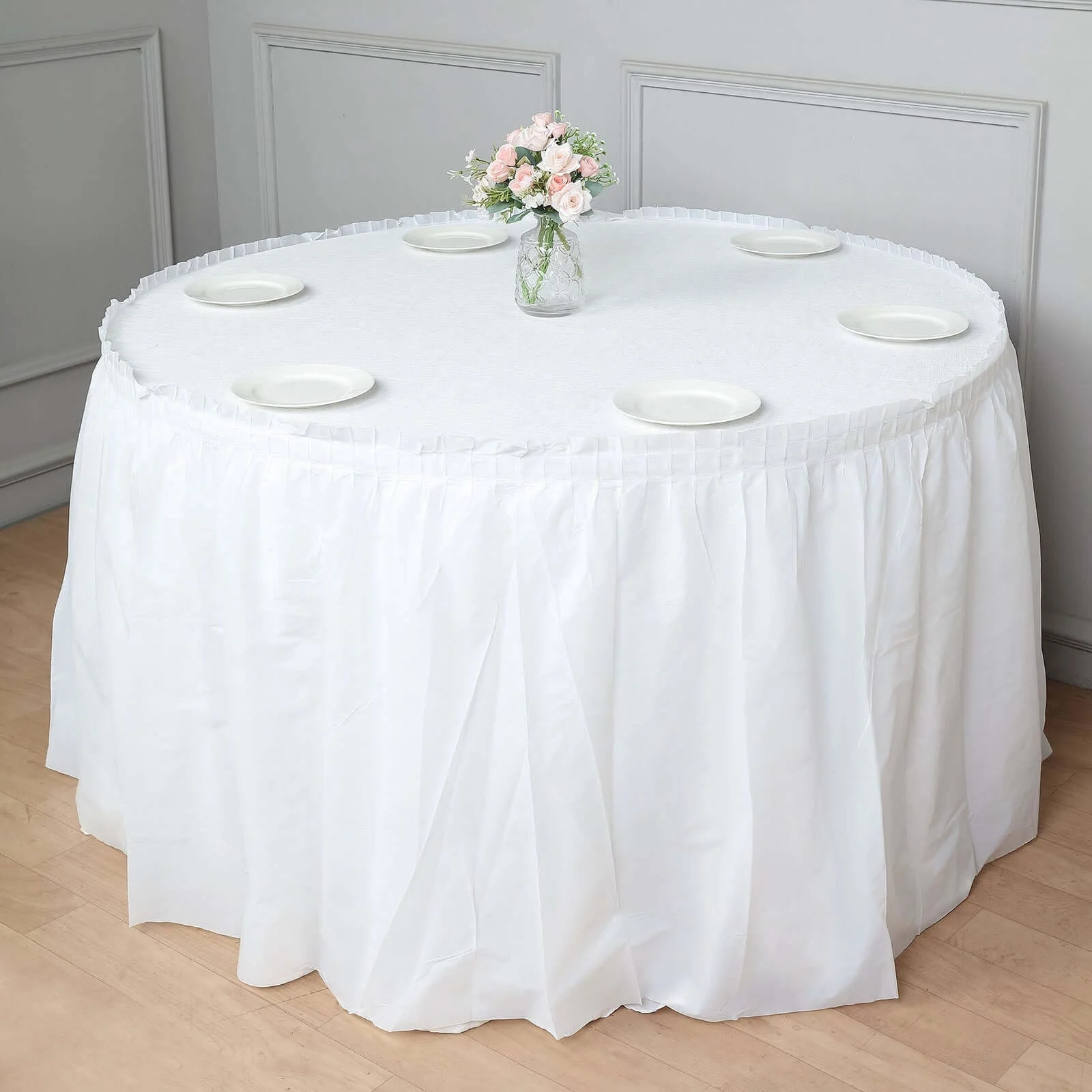 5 Pack Plastic Table Skirts 14ft White Ruffled - Waterproof Disposable Skirts for Outdoor/Indoor Use - Image 2