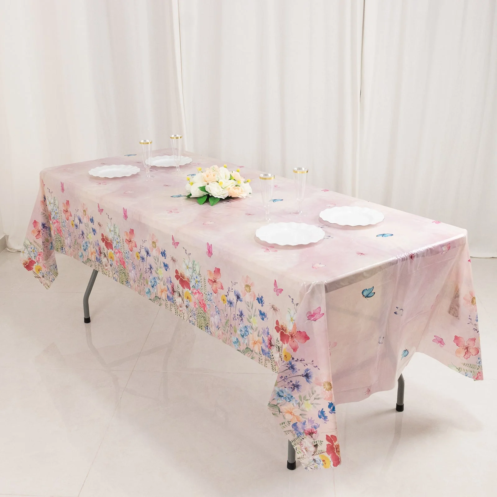 5-Pack Plastic Table Covers 54"x108" Blush Rectangle with Butterfly Floral Print - PVC Waterproof Disposable Covers - Image 4