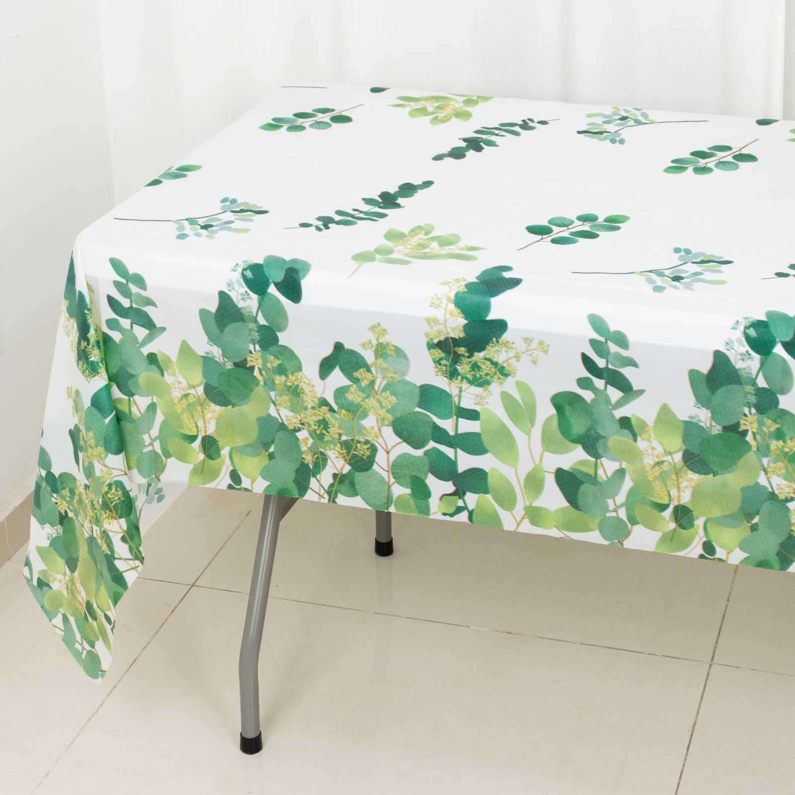 5-Pack Plastic Table Covers 54"x108" White/Green Rectangle with Eucalyptus Leaves Print - PVC Waterproof Disposable Covers - Image 10