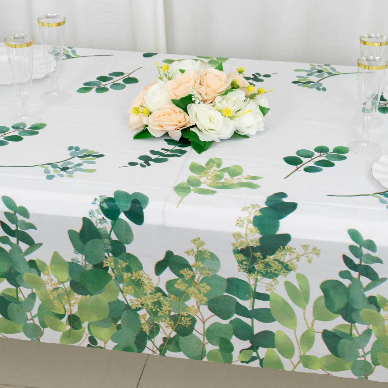 5-Pack Plastic Table Covers 54"x108" White/Green Rectangle with Eucalyptus Leaves Print - PVC Waterproof Disposable Covers - Image 12