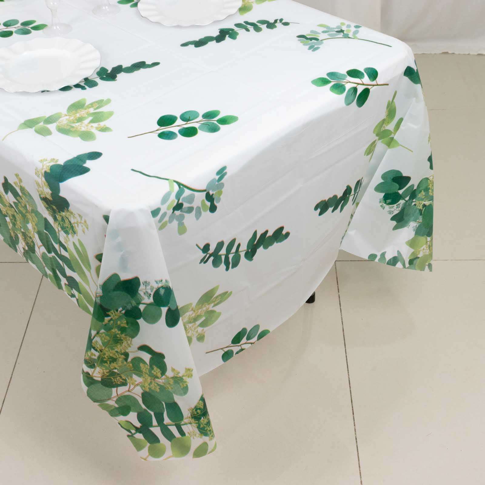 5-Pack Plastic Table Covers 54"x108" White/Green Rectangle with Eucalyptus Leaves Print - PVC Waterproof Disposable Covers - Image 13