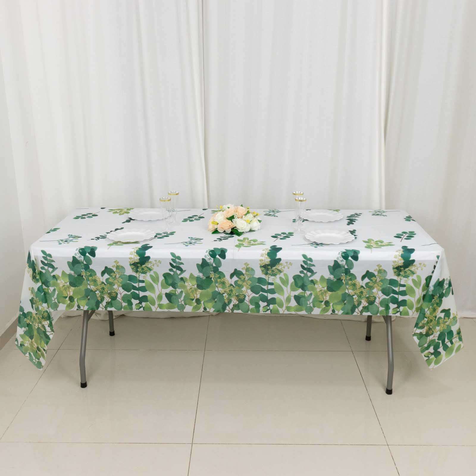 5-Pack Plastic Table Covers 54"x108" White/Green Rectangle with Eucalyptus Leaves Print - PVC Waterproof Disposable Covers - Image 2