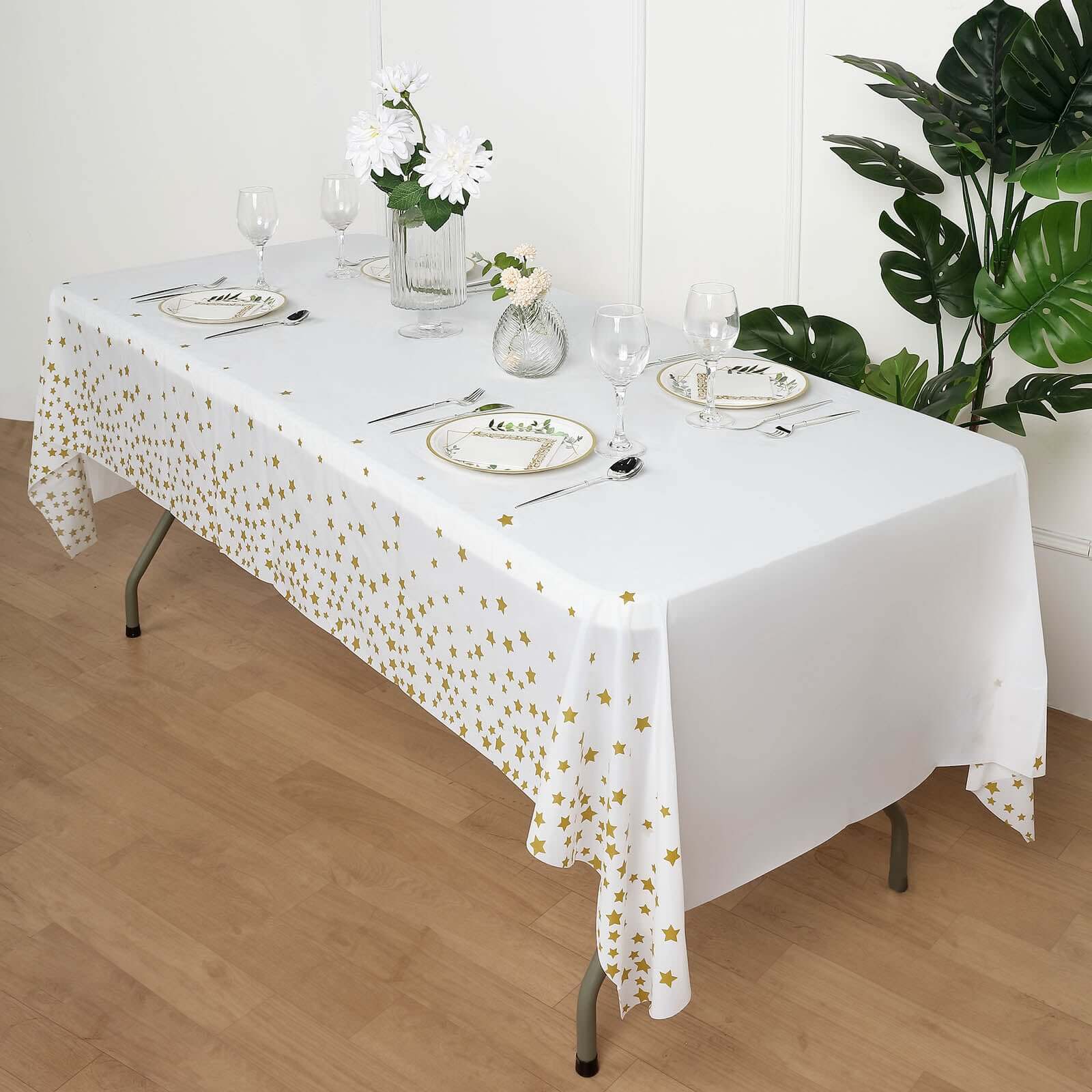 5-Pack Plastic Table Covers 54"x108" White Rectangle with Gold Stars - PVC Waterproof Disposable Covers - Image 7