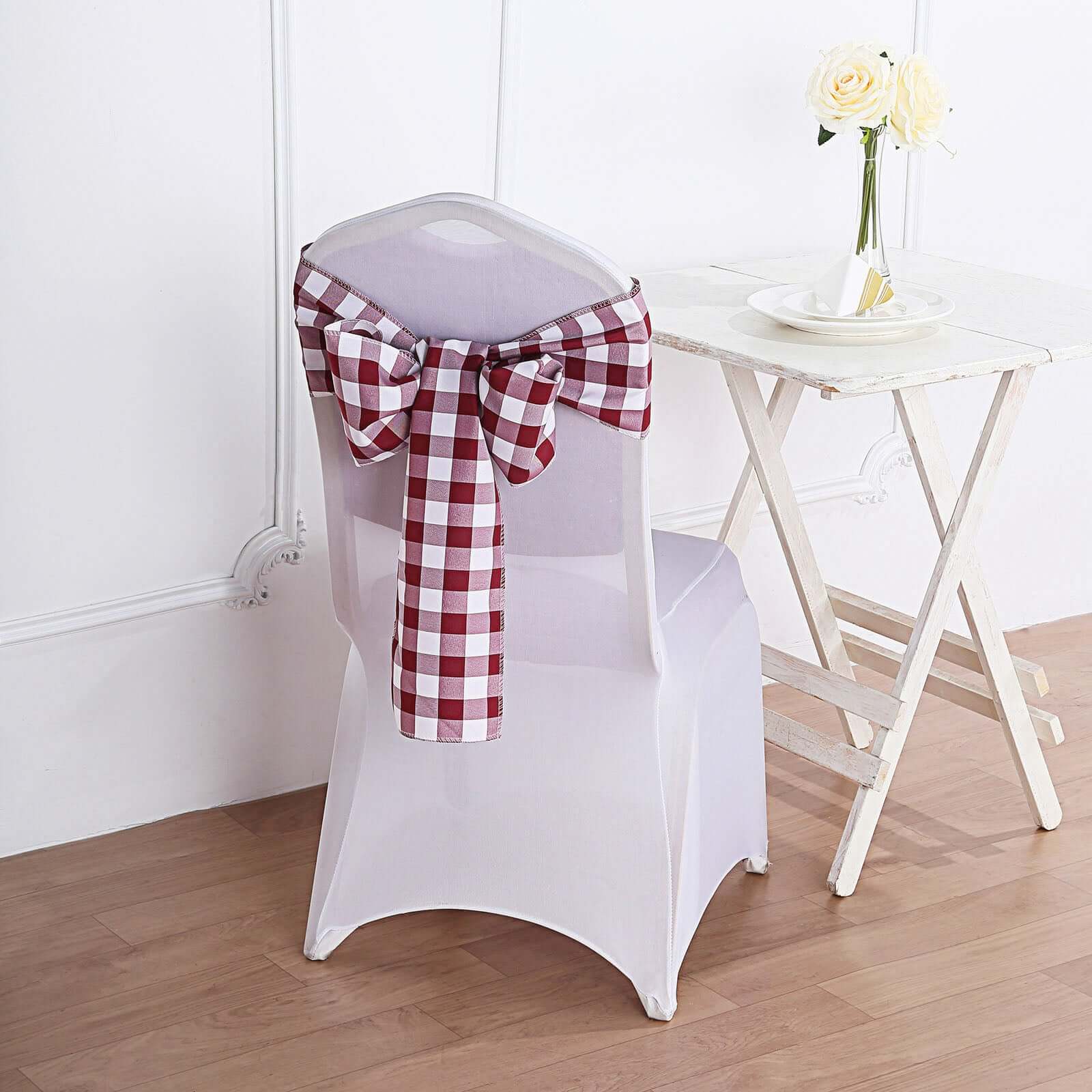 5 Pack Polyester Chair Sashes 6"x108" Burgundy/White Buffalo Plaid Pattern - Easy to Use Checkered Chair Bows - Image 2