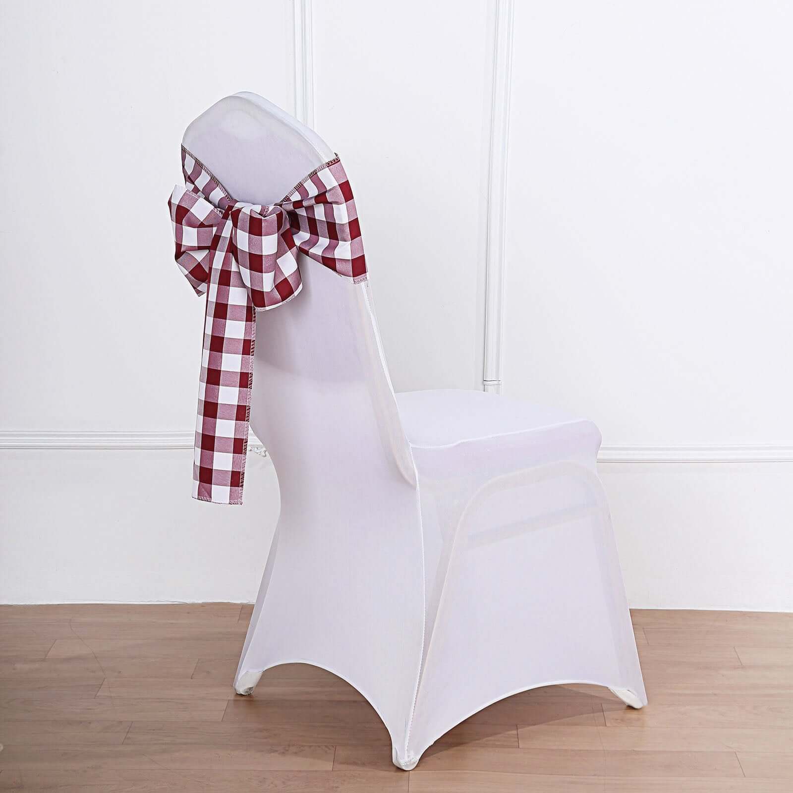 5 Pack Polyester Chair Sashes 6"x108" Burgundy/White Buffalo Plaid Pattern - Easy to Use Checkered Chair Bows - Image 8