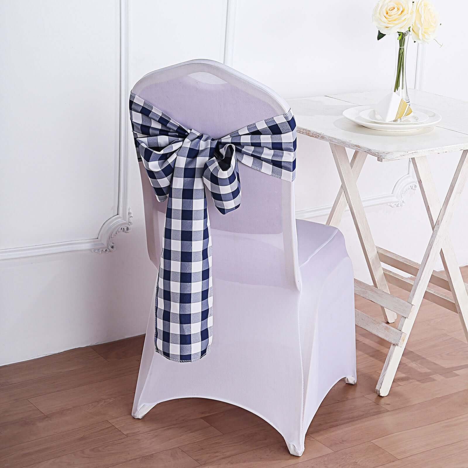 5 Pack Polyester Chair Sashes 6"x108" Navy Blue/White Buffalo Plaid Pattern - Easy to Use Checkered Chair Bows - Image 2