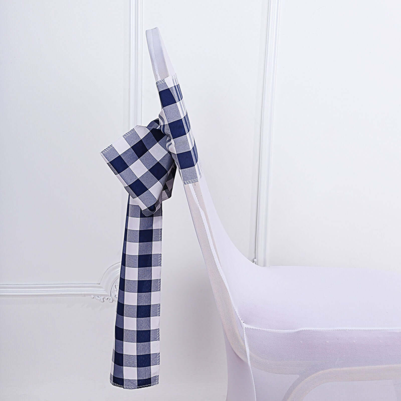 5 Pack Polyester Chair Sashes 6"x108" Navy Blue/White Buffalo Plaid Pattern - Easy to Use Checkered Chair Bows - Image 9