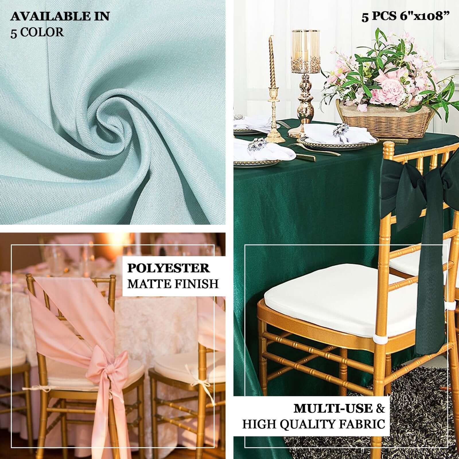 5 Pack Polyester Chair Sashes 6"x108" Peacock Teal - Image 4