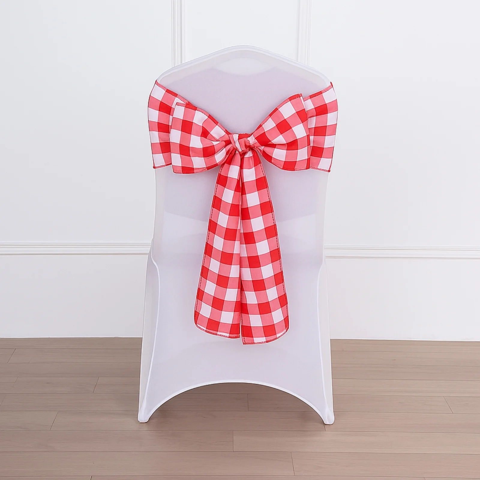 5 Pack Polyester Chair Sashes 6"x108" Red/White Buffalo Plaid Pattern - Easy to Use Checkered Chair Bows