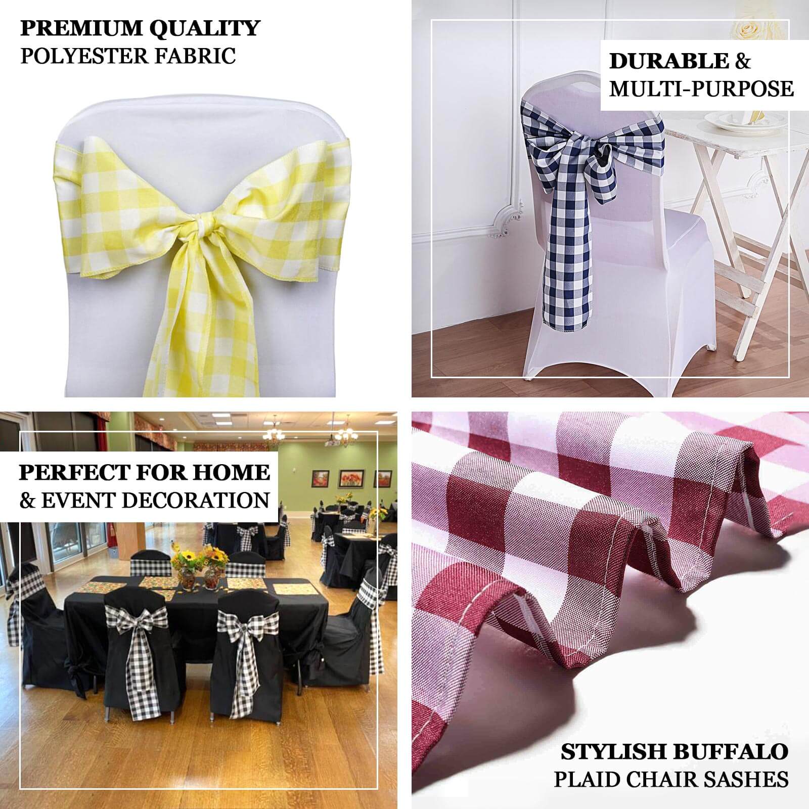 5 Pack Polyester Chair Sashes 6"x108" Red/White Buffalo Plaid Pattern - Easy to Use Checkered Chair Bows - Image 4