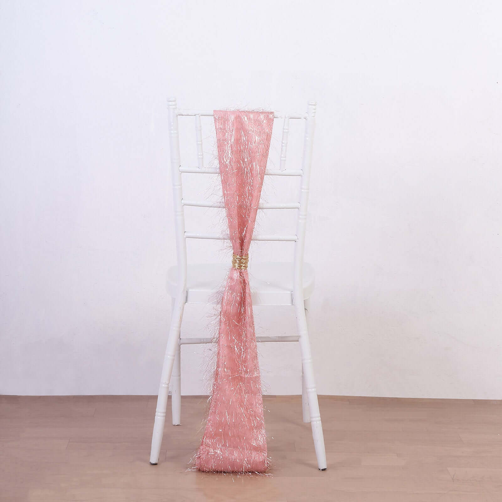 5 Pack Polyester Chair Sashes 6"x108" Rose Gold Metallic Tinsel Fringe - Durable & Reusable Chair Bows - Image 7