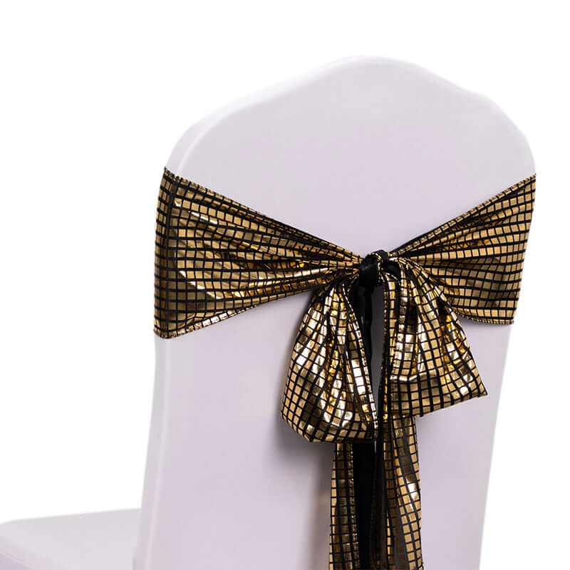 5 Pack Polyester Chair Sashes Black/Gold Shiny Foil 6"x108" - Disco Mirror Ball Theme for Events - Image 6