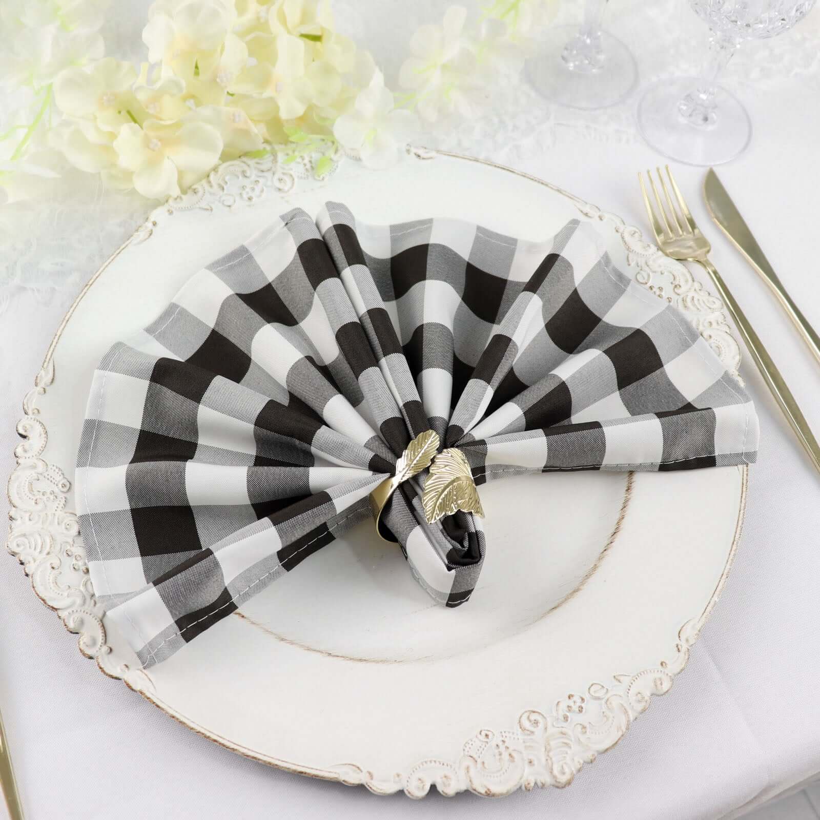 5 Pack Polyester Napkins 15"x15" Black/White Buffalo Plaid Gingham Style Dinner Napkins for Rustic Farmhouse Table Setting