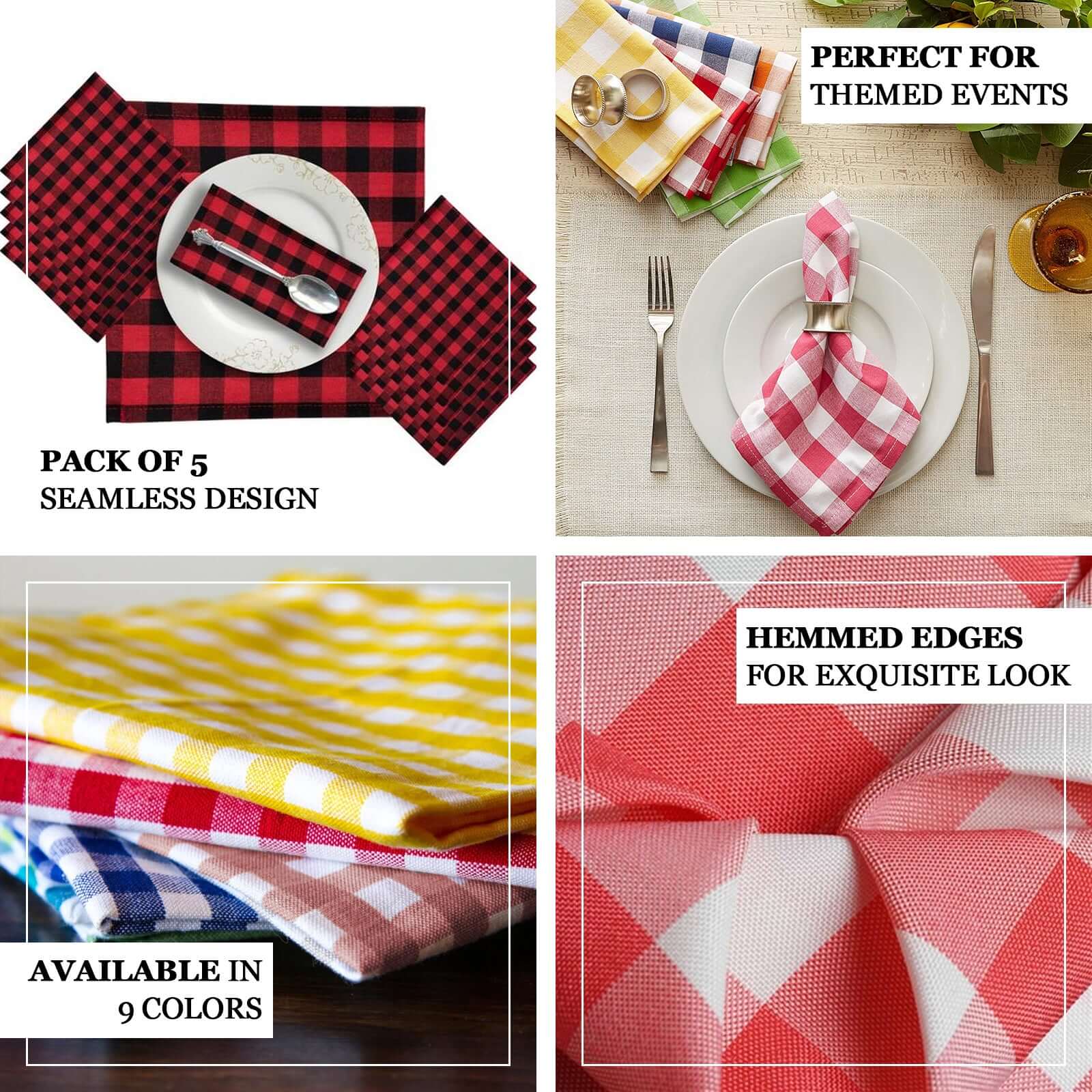 5 Pack Polyester Napkins 15"x15" Black/White Buffalo Plaid Gingham Style Dinner Napkins for Rustic Farmhouse Table Setting - Image 3