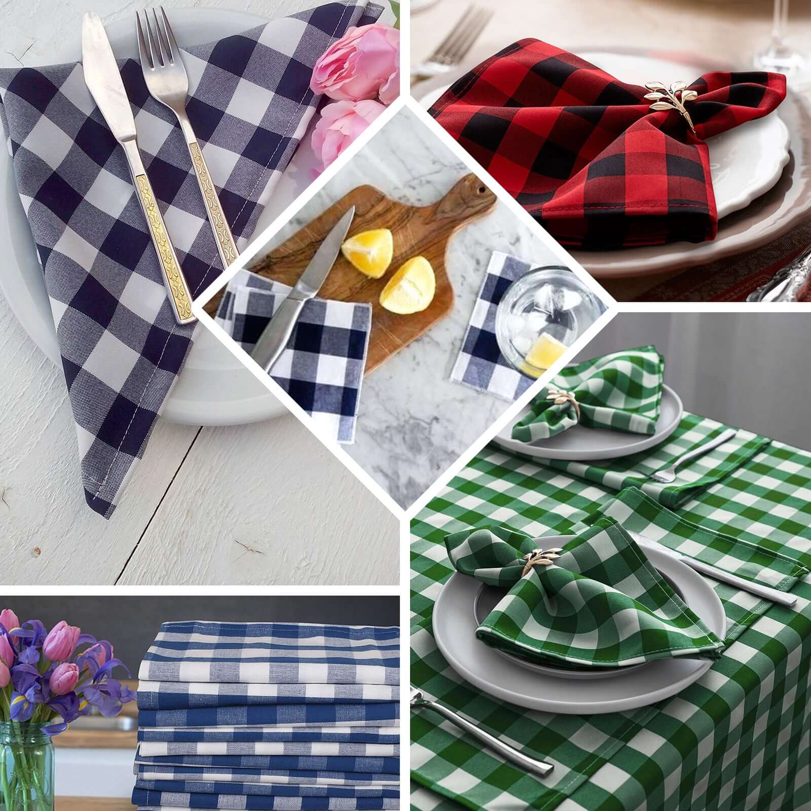 5 Pack Polyester Napkins 15"x15" Blue/White Buffalo Plaid Gingham Style Dinner Napkins - Image 4