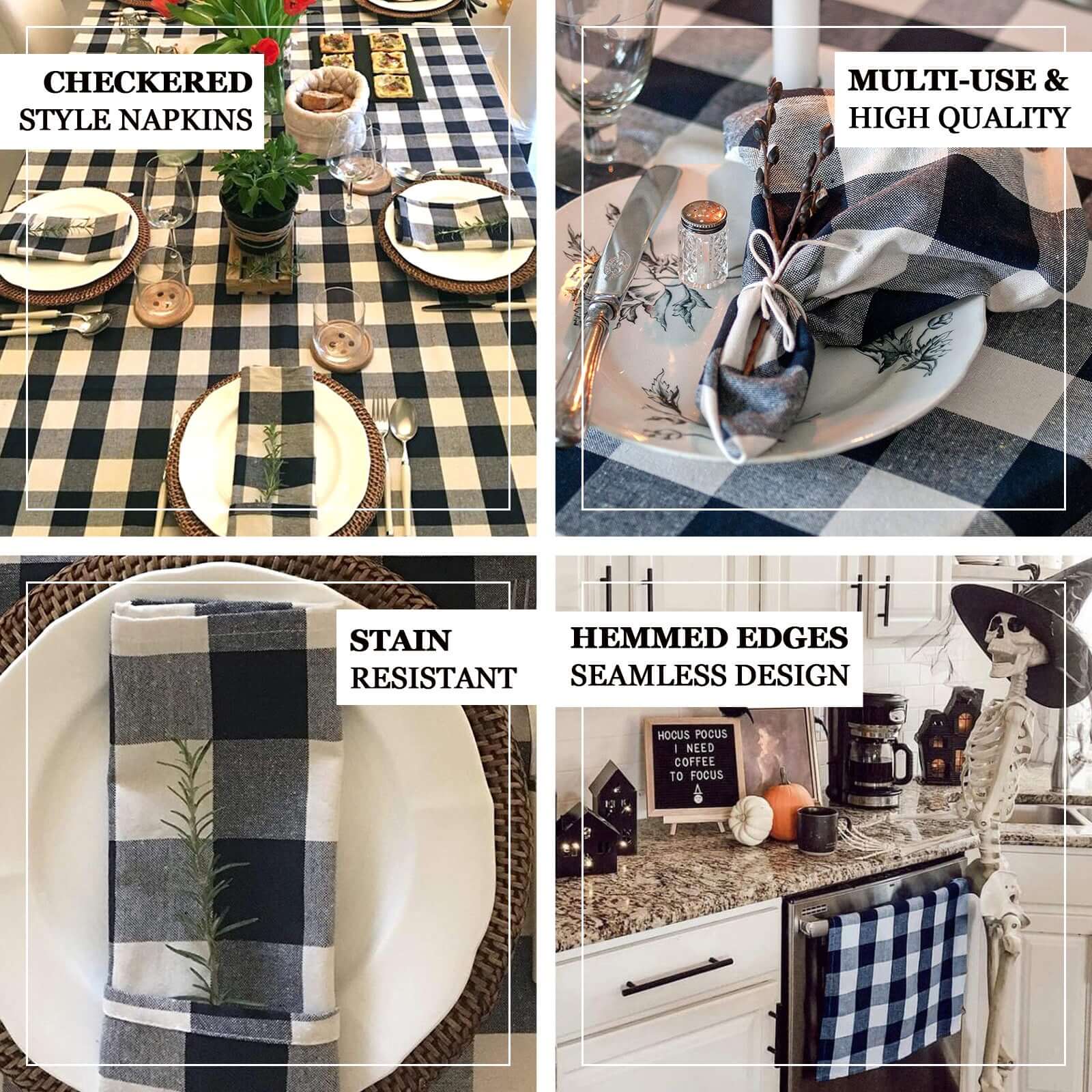 5 Pack Polyester Napkins 15"x15" Navy Blue/White Buffalo Plaid Gingham Style Dinner Napkins - Image 4