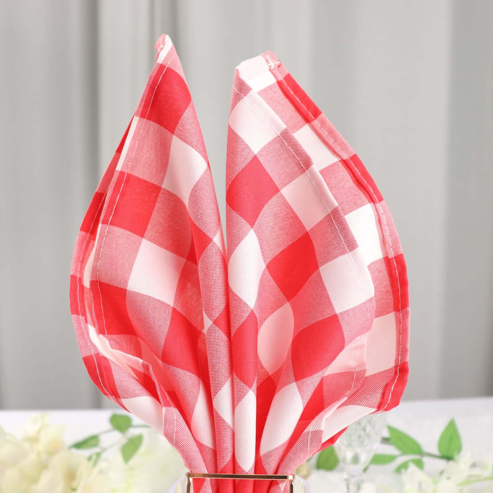 5 Pack Polyester Napkins 15"x15" Red/White Buffalo Plaid Gingham Style Dinner Napkins - Image 2