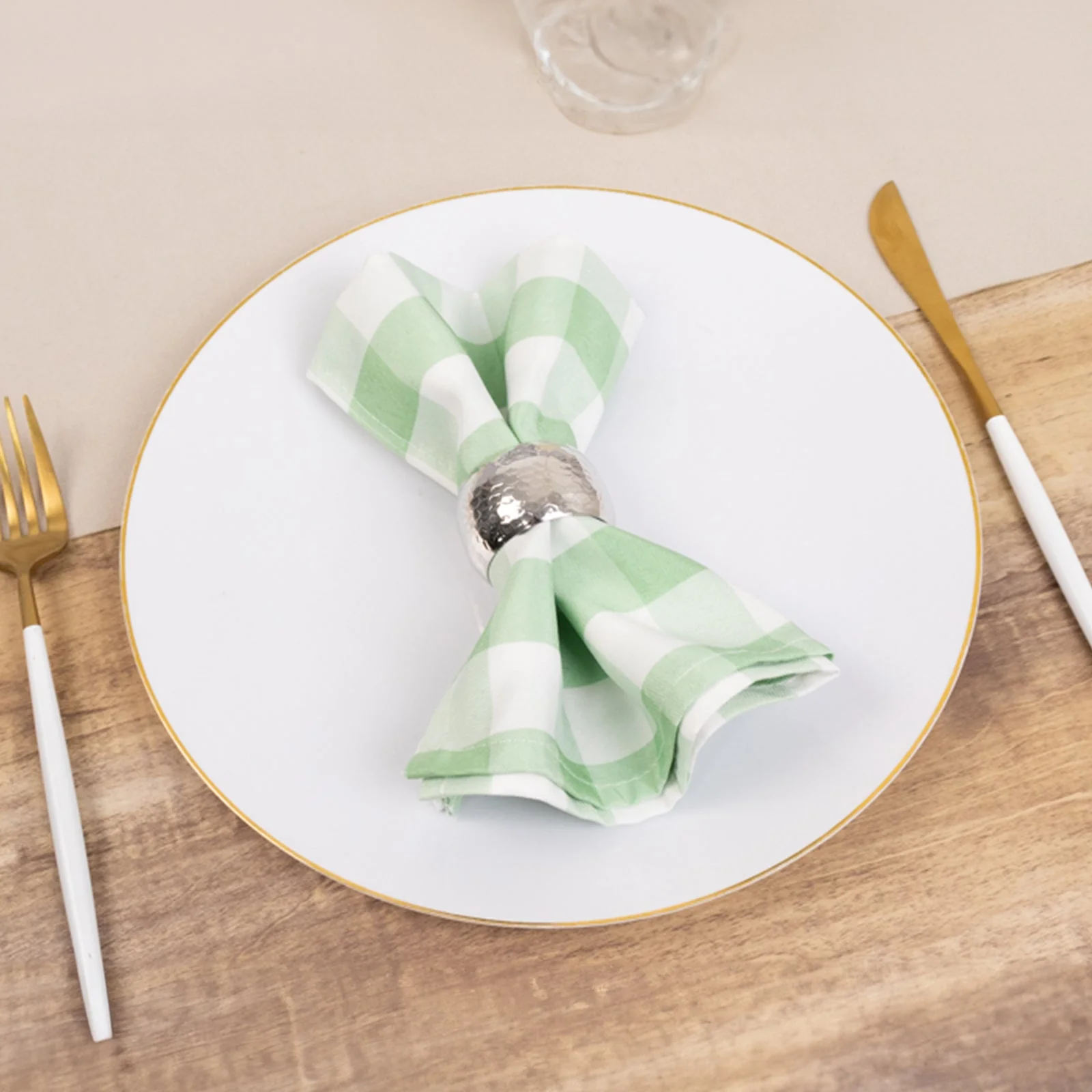 5 Pack Polyester Napkins 15"x15" Sage Green/White Buffalo Plaid Gingham Style Dinner Napkins - Image 3