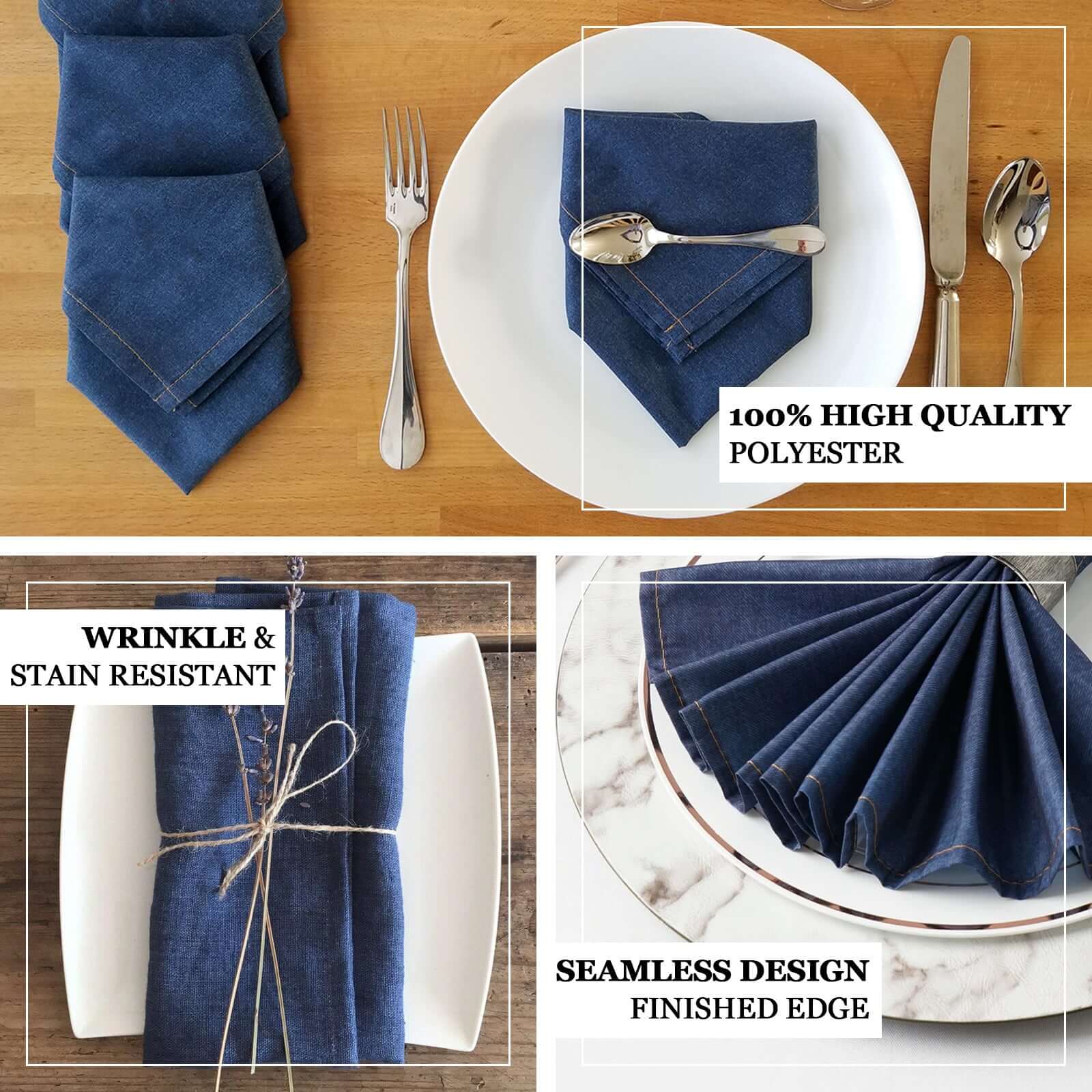 5 Pack Polyester Napkins 17"x17" Dark Denim Blue in Faux Denim Style - Durable & Versatile Cloth Napkins for Casual Dining - Image 4