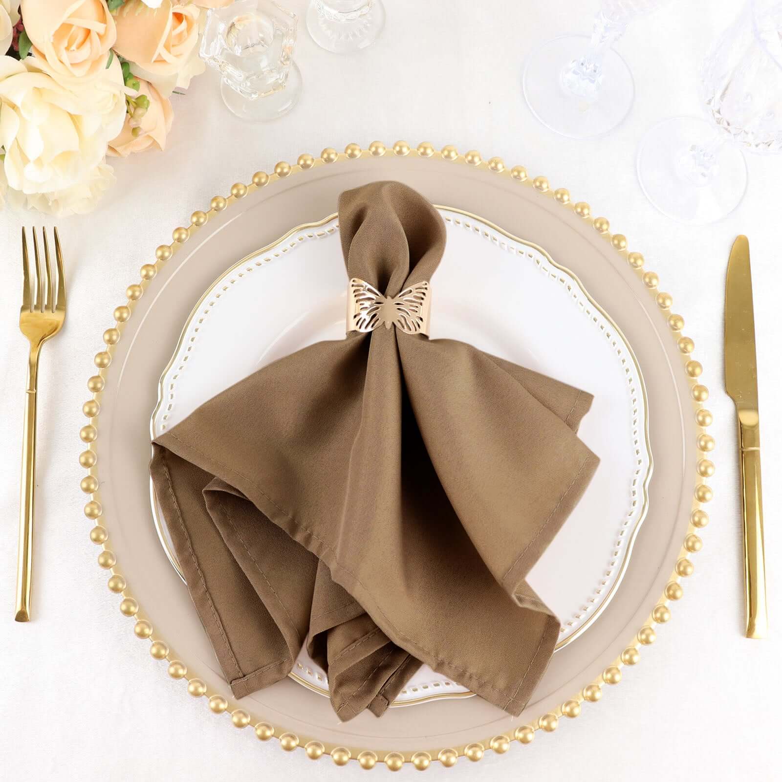 5 Pack Premium Polyester Napkins 17"x17" Taupe - Wrinkle Resistant & Easy Care Cloth Napkins