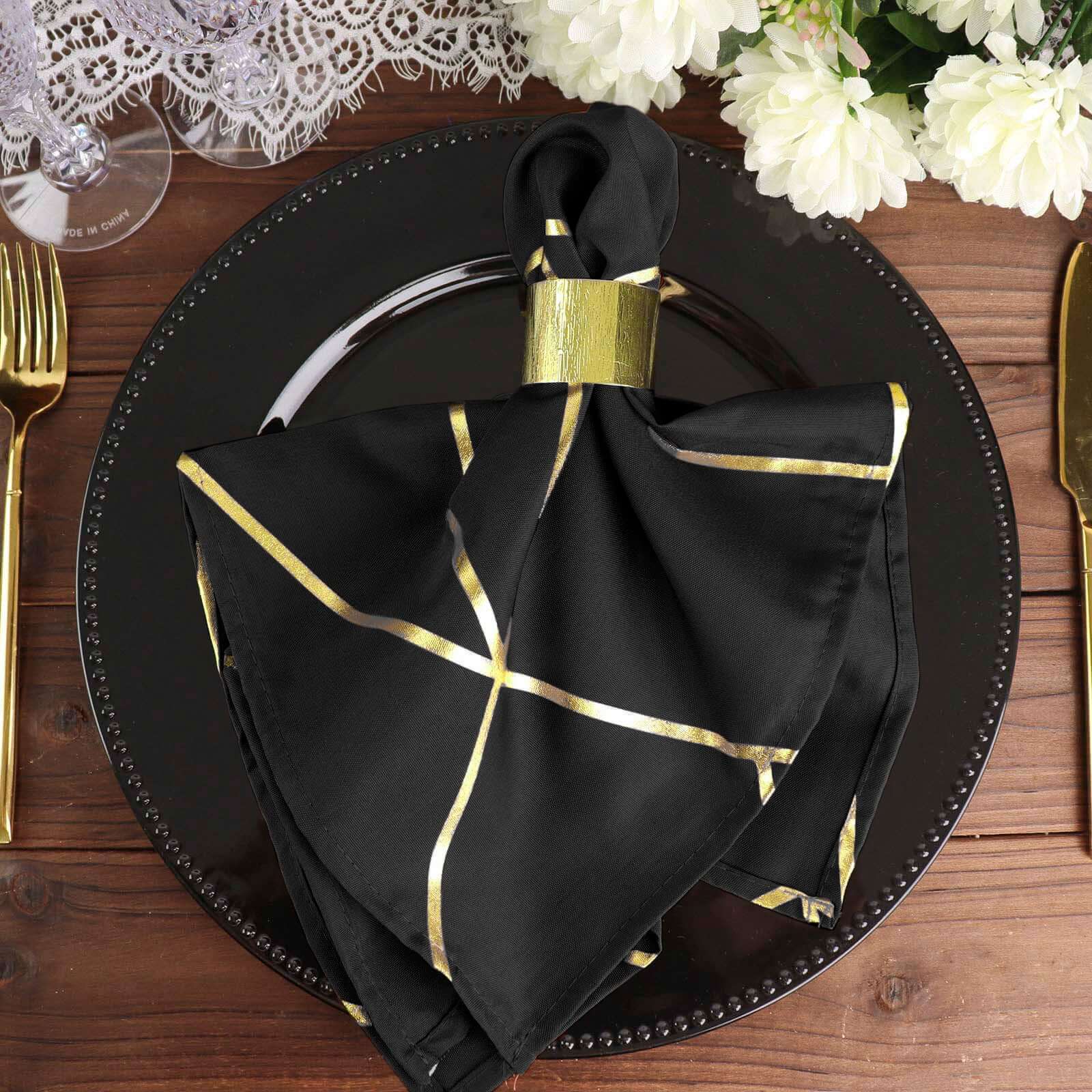 5 Pack Polyester Napkins 20"x20" Black with Gold Geometric Foil Pattern - Modern Reusable Cloth Napkins for Home, Restaurants & Events - Image 4