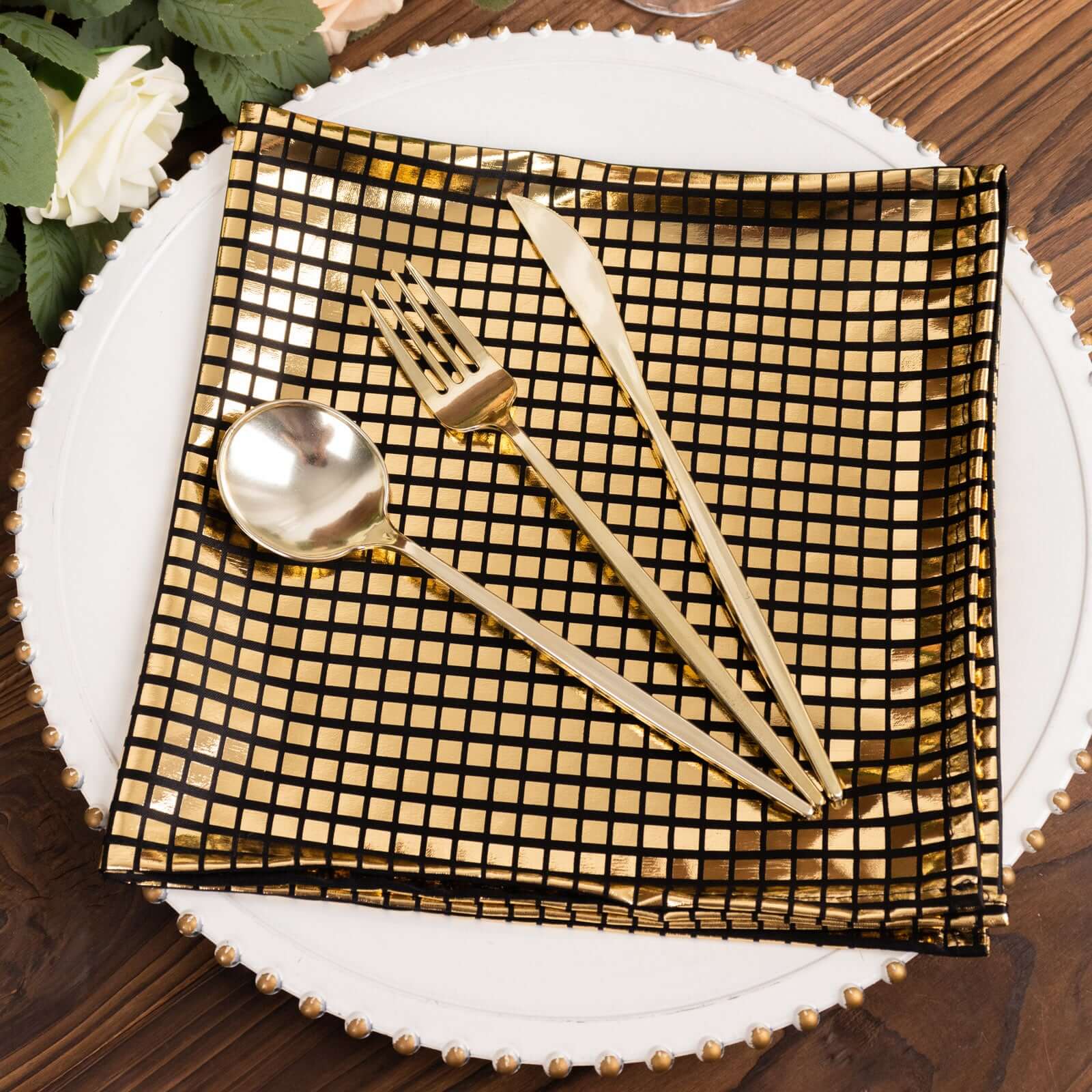 5 Pack Polyester Napkins 20"x20" Black with Shiny Gold Foil Dinner Napkins for Glam Disco & Dance Themes - Image 2
