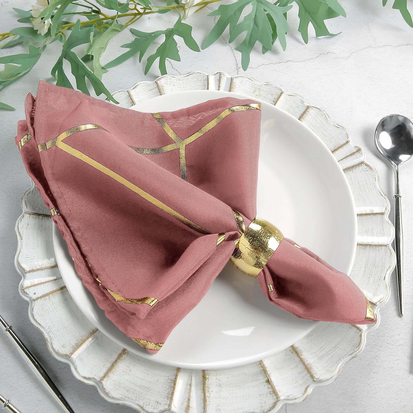 5 Pack Polyester Napkins 20"x20" Cinnamon Rose with Gold Geometric Foil Pattern - Modern Reusable Cloth Napkins - Image 7