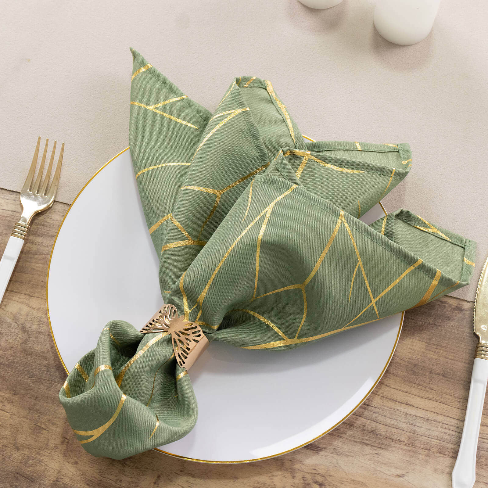 5 Pack Polyester Napkins 20"x20" Dusty Sage Green with Gold Foil Tree Branch Pattern - Modern Washable Cloth Napkins for Formal & Casual Dining - Image 4