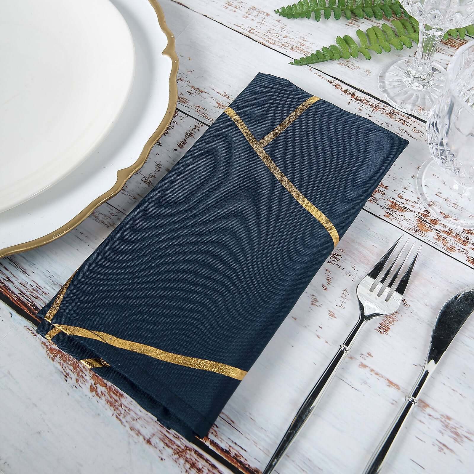 5 Pack Polyester Napkins 20"x20" Navy Blue with Gold Geometric Foil Pattern - Modern Reusable Cloth Napkins - Image 2