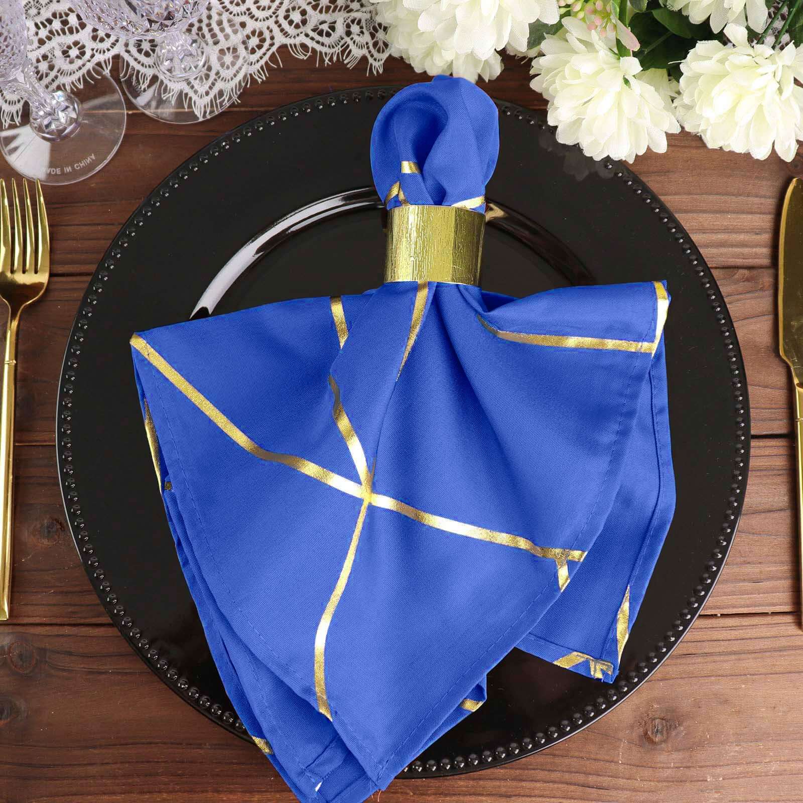 5 Pack Polyester Napkins 20"x20" Royal Blue with Gold Geometric Foil Pattern - Modern Reusable Cloth Napkins - Image 5