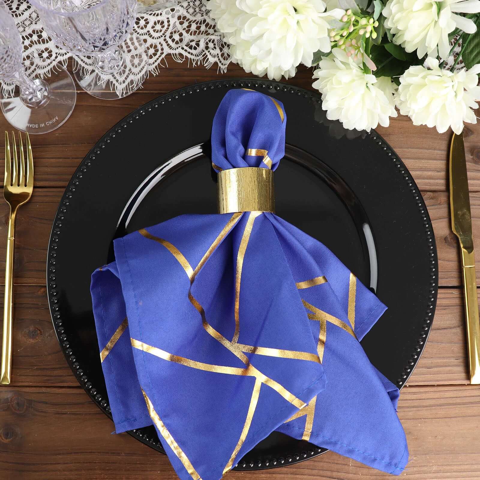 5 Pack Polyester Napkins 20"x20" Royal Blue with Gold Geometric Foil Pattern - Modern Reusable Cloth Napkins - Image 7