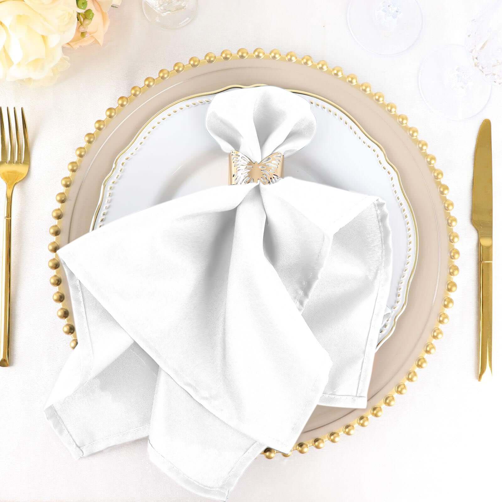 5 Pack Premium Polyester Napkins 20"x20" White - Durable Wrinkle Resistant Dinner Napkins for Classy Weddings & Events