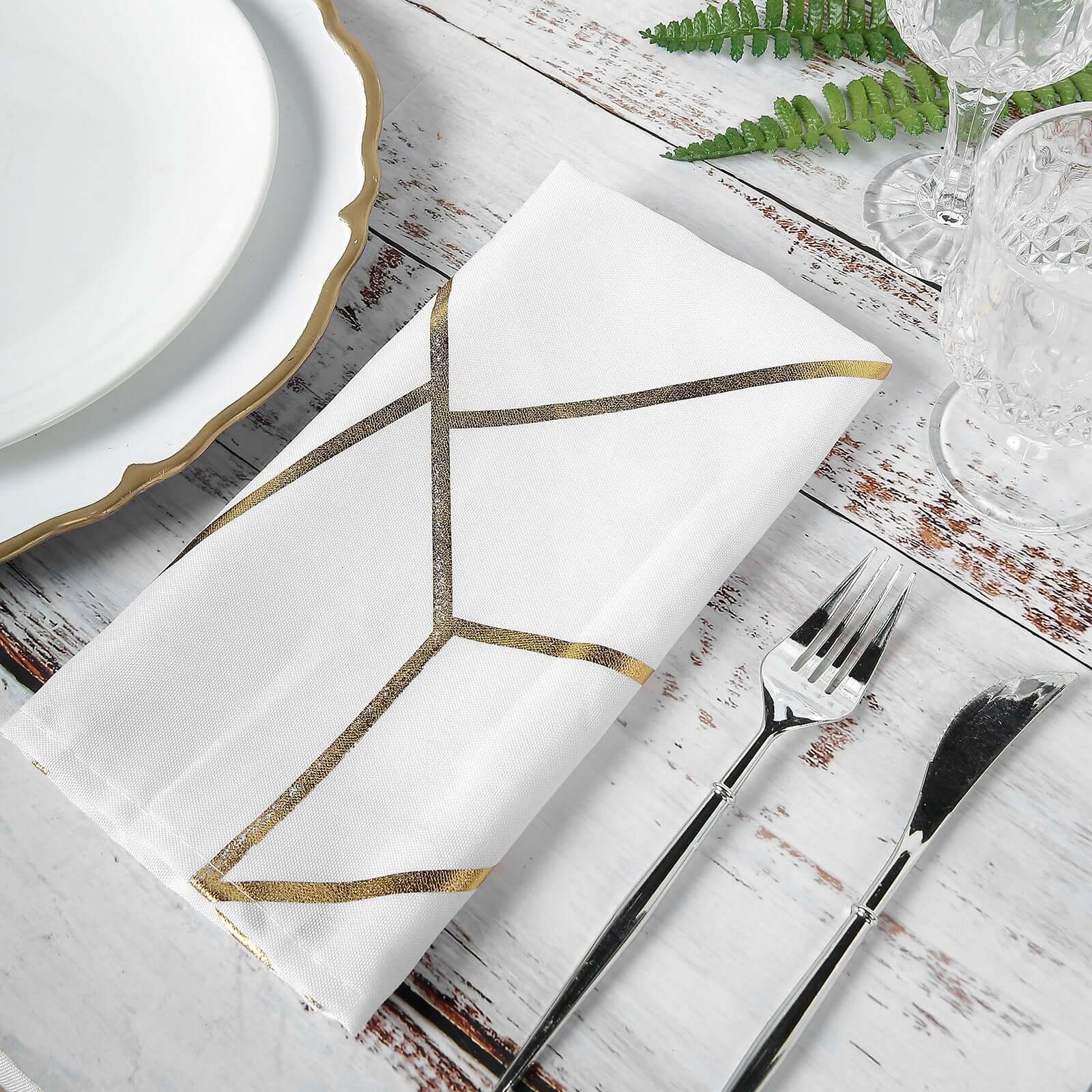 5 Pack Polyester Napkins 20"x20" White with Gold Geometric Foil Pattern - Modern Reusable Cloth Napkins for Home, Restaurants & Events - Image 2