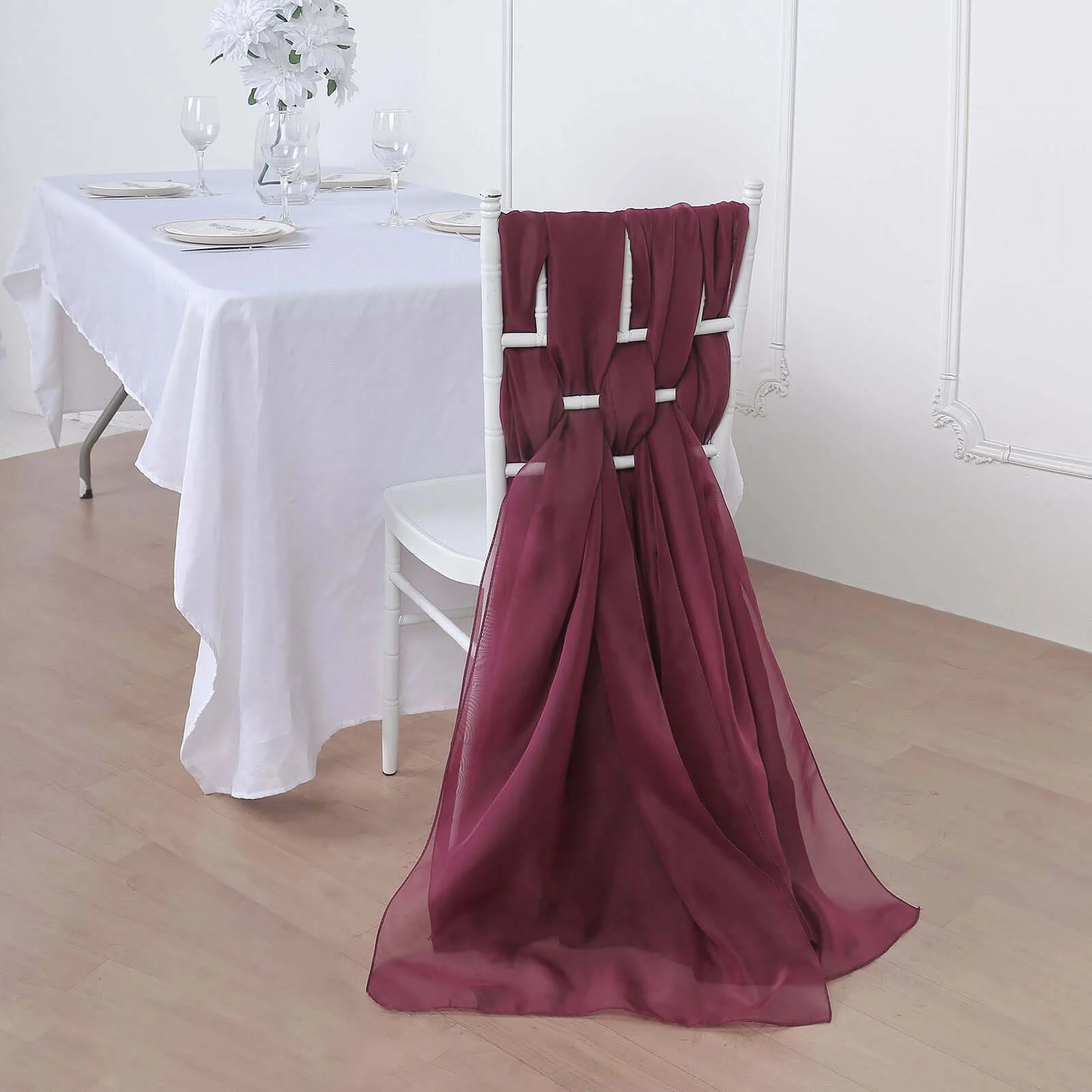 5 Pack Chiffon Chair Sashes 22"x78" Burgundy - Sheer Designer Chair Bows - Image 6