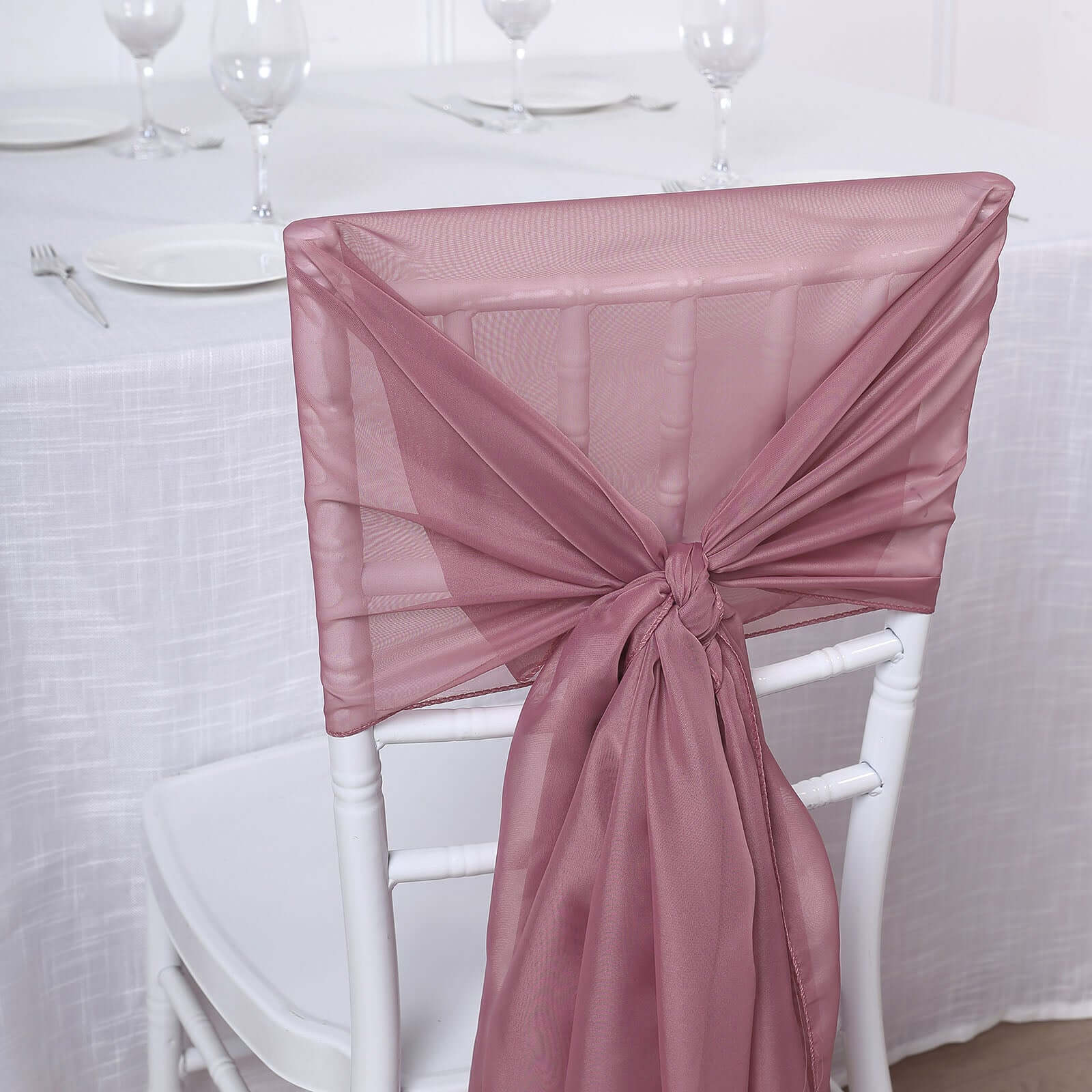 5 Pack Chiffon Chair Sashes 22"x78" Mauve Cinnamon Rose - Sheer Designer Chair Bows - Image 5