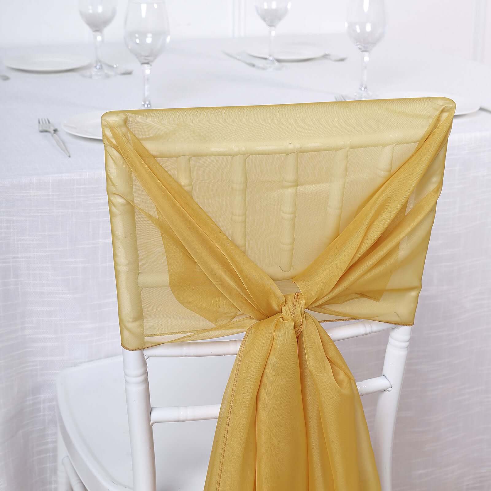 5 Pack Chiffon Chair Sashes 22"x78" Mustard Yellow - Sheer Designer Chair Bows - Image 5