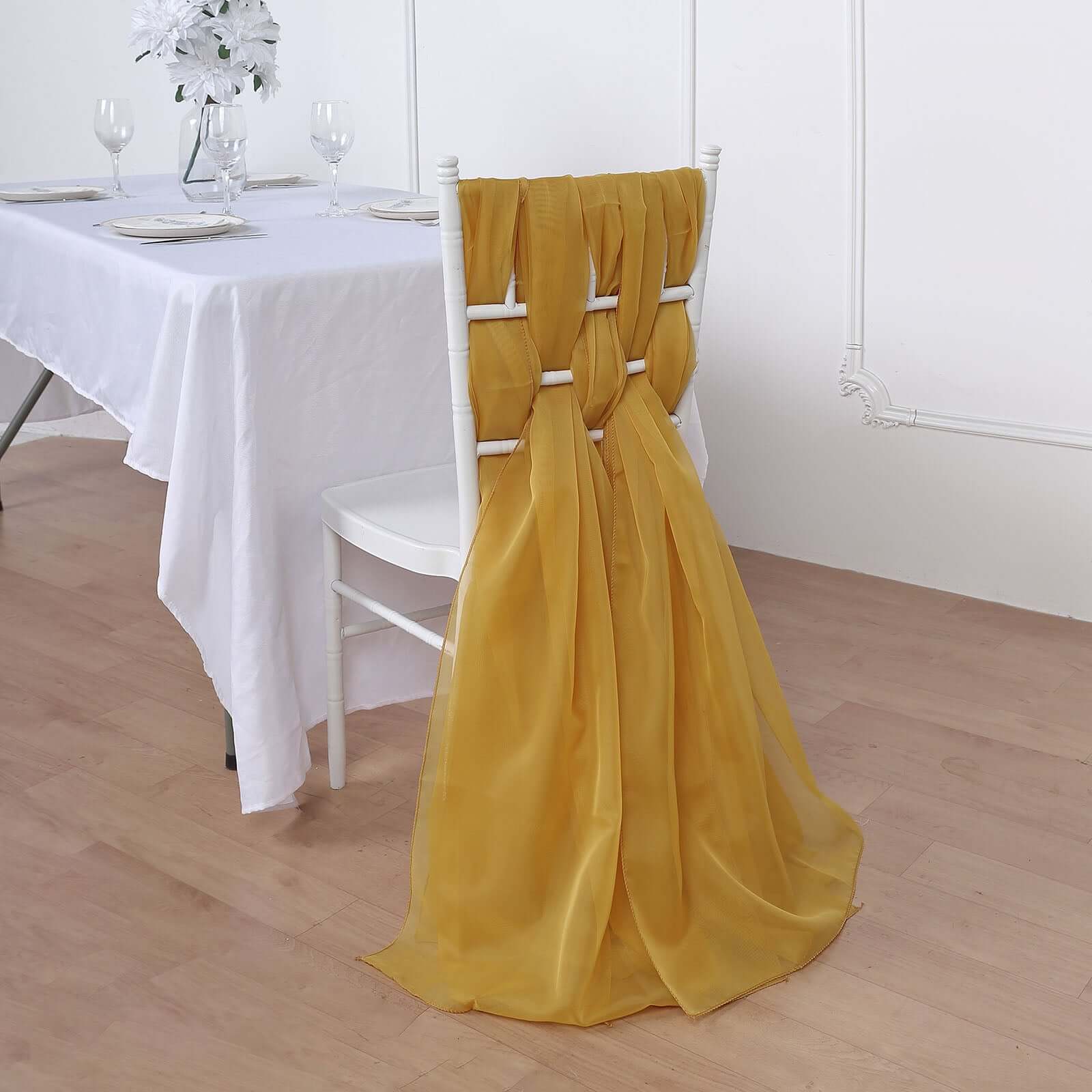 5 Pack Chiffon Chair Sashes 22"x78" Mustard Yellow - Sheer Designer Chair Bows - Image 8