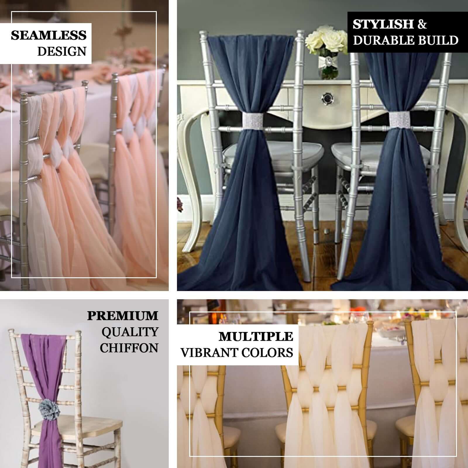 5 Pack Chiffon Chair Sashes 22"x78" Navy Blue - Sheer Designer Chair Bows - Image 3